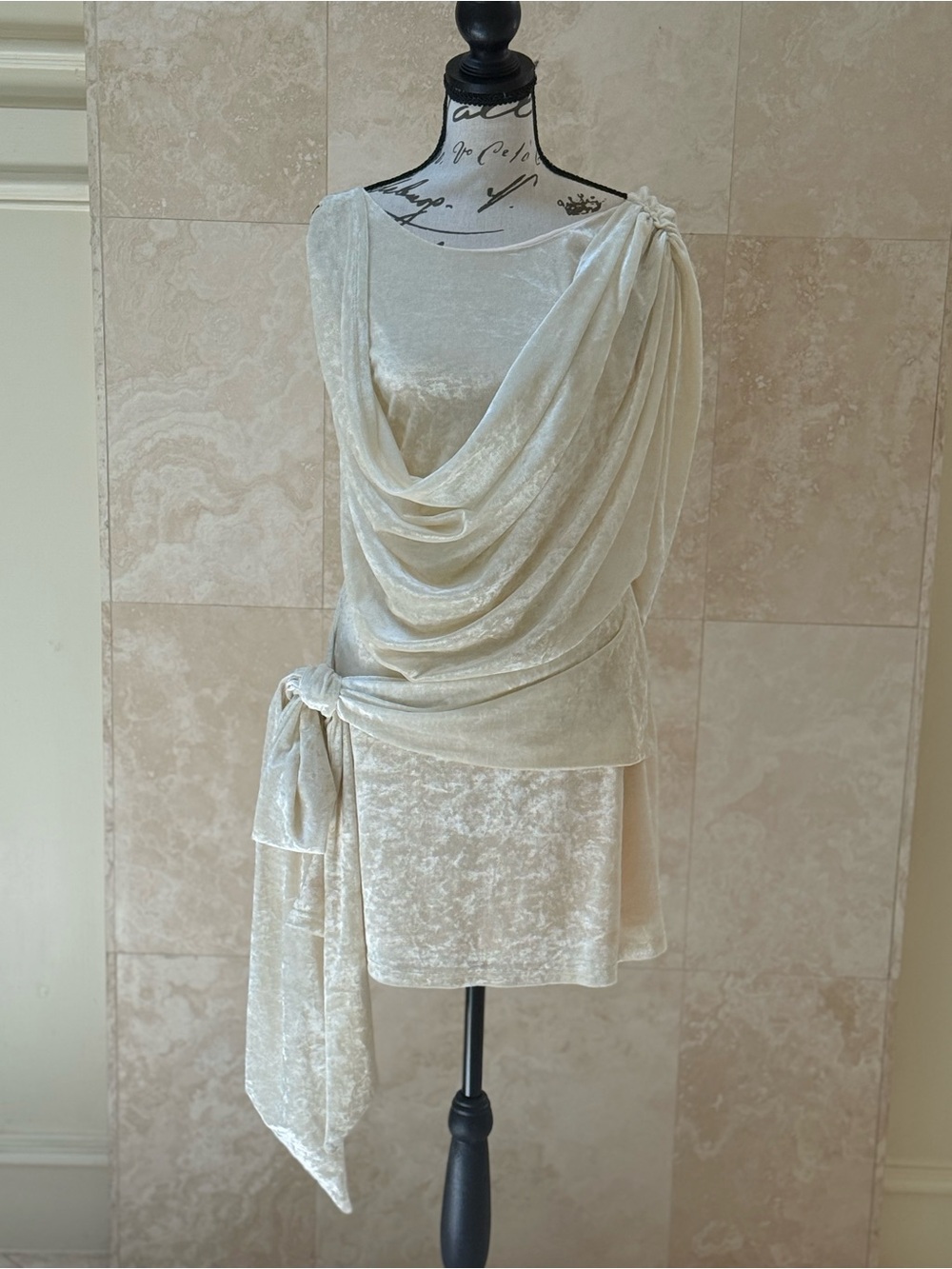 SABO Cream Crushed Velvet Draped Cowl Neck Mini Dress Size M NWT